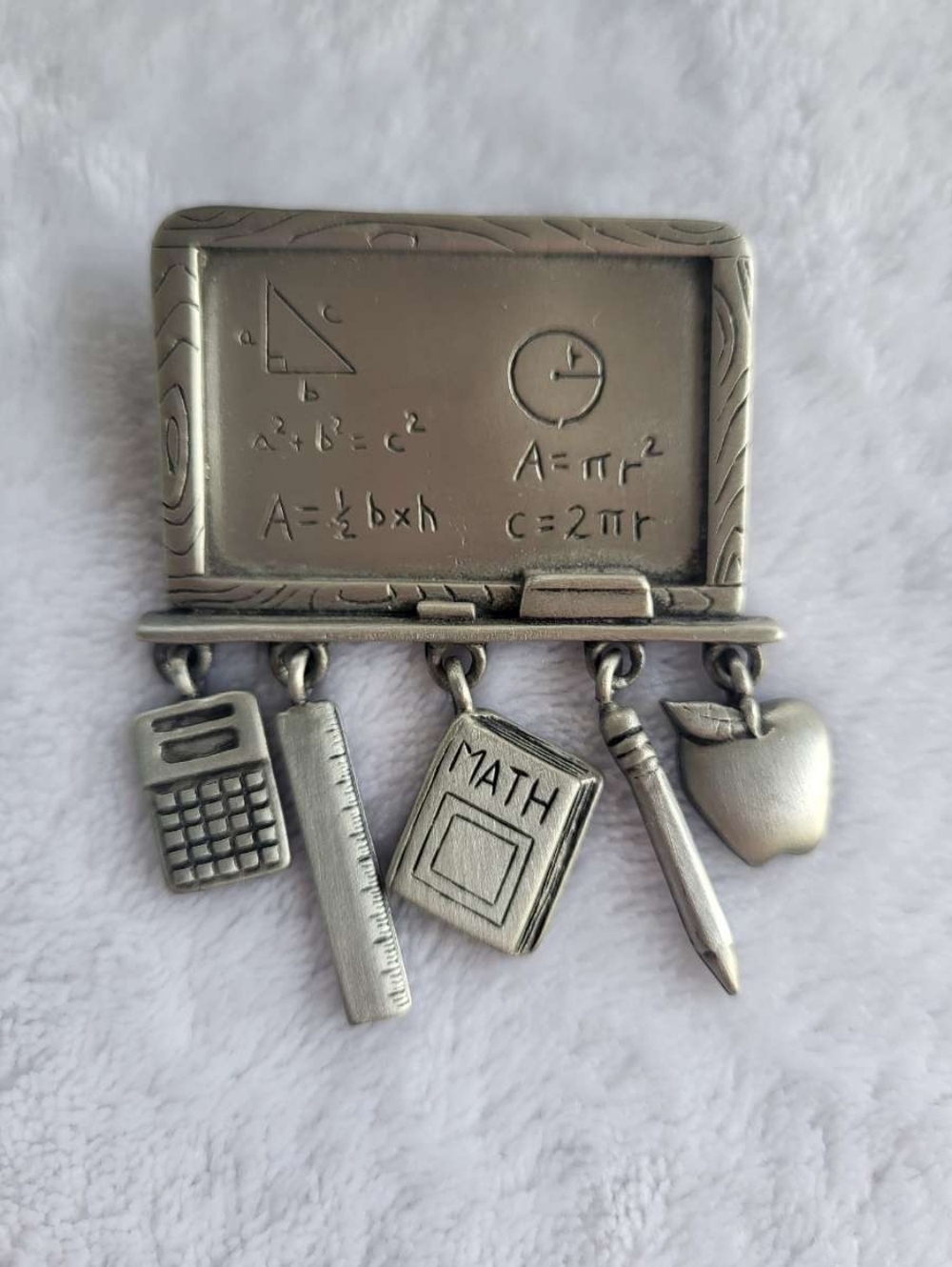 Vintage JJ JONETTE Teacher Chalkboard w/ Charms Pewter Brooch
